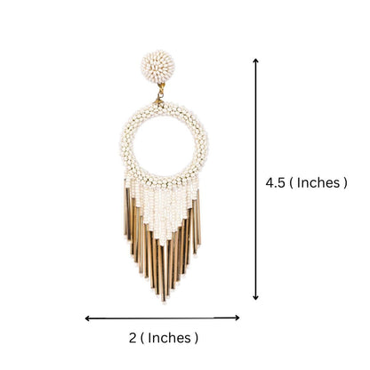 White Beaded Hoop Earrings with Gold Fringe | Verified Sustainable by Brown Living™