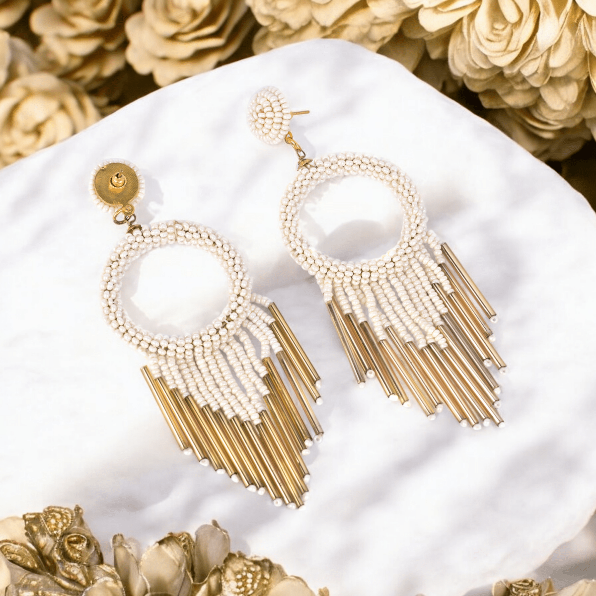 White Beaded Hoop Earrings with Gold Fringe | Verified Sustainable by Brown Living™