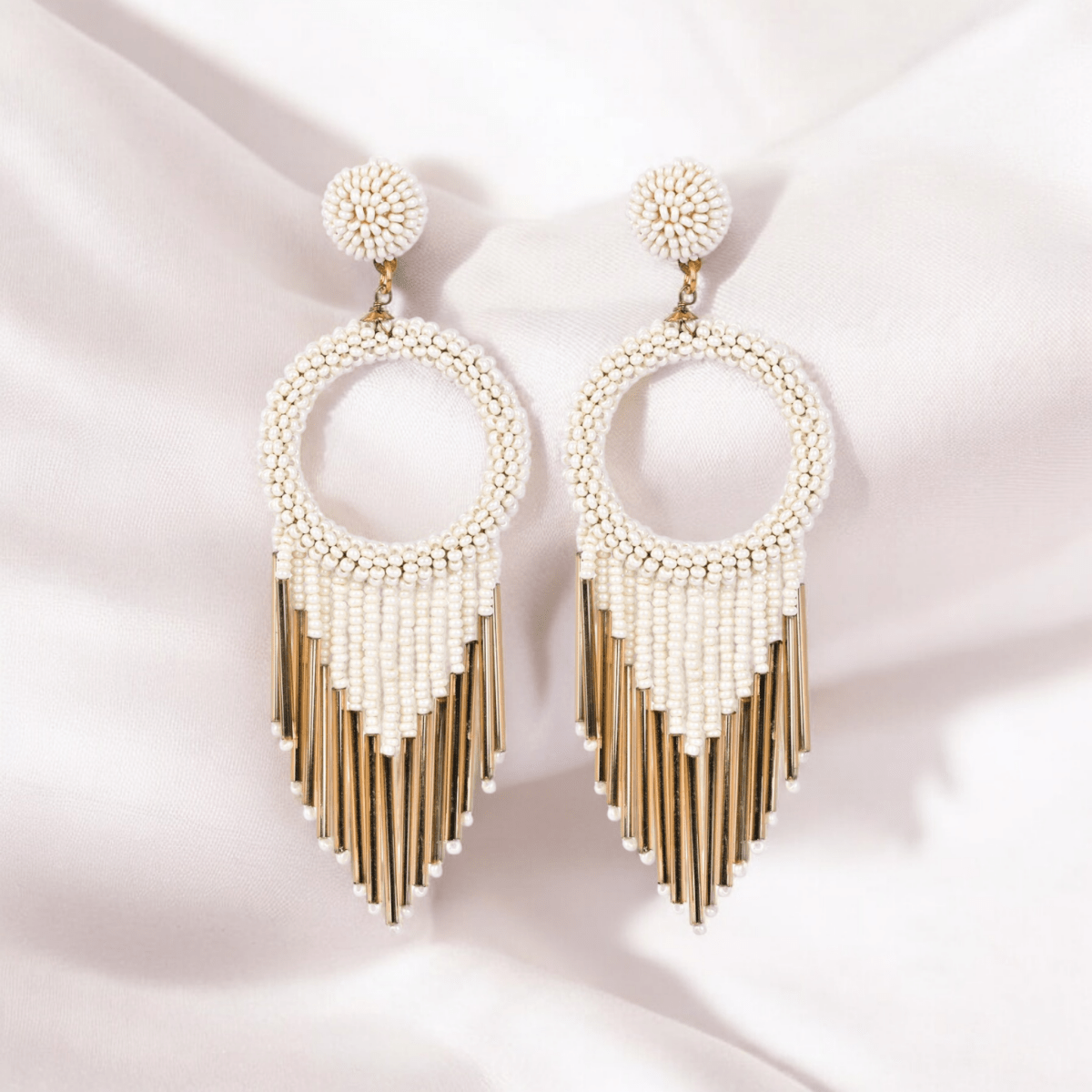 White Beaded Hoop Earrings with Gold Fringe | Verified Sustainable by Brown Living™