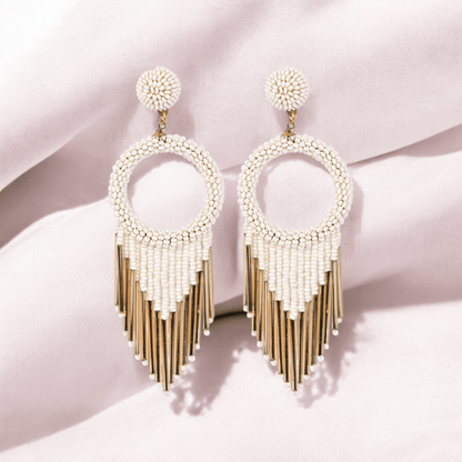 White Beaded Hoop Earrings with Gold Fringe | Verified Sustainable by Brown Living™