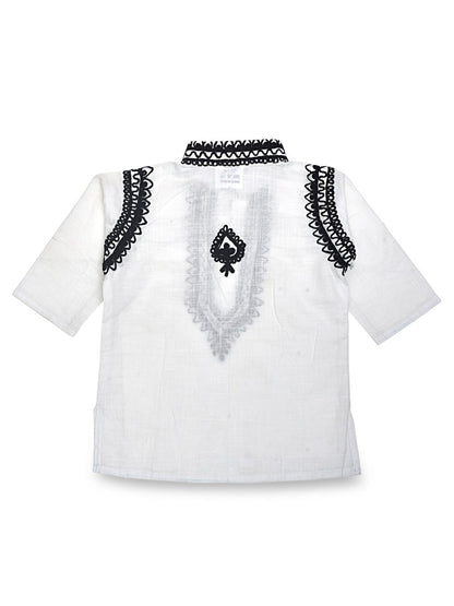 White Cotton Baby Boy Kurta Pajama Set with Black Kashmiri Ari Embroidery | Verified Sustainable by Brown Living™