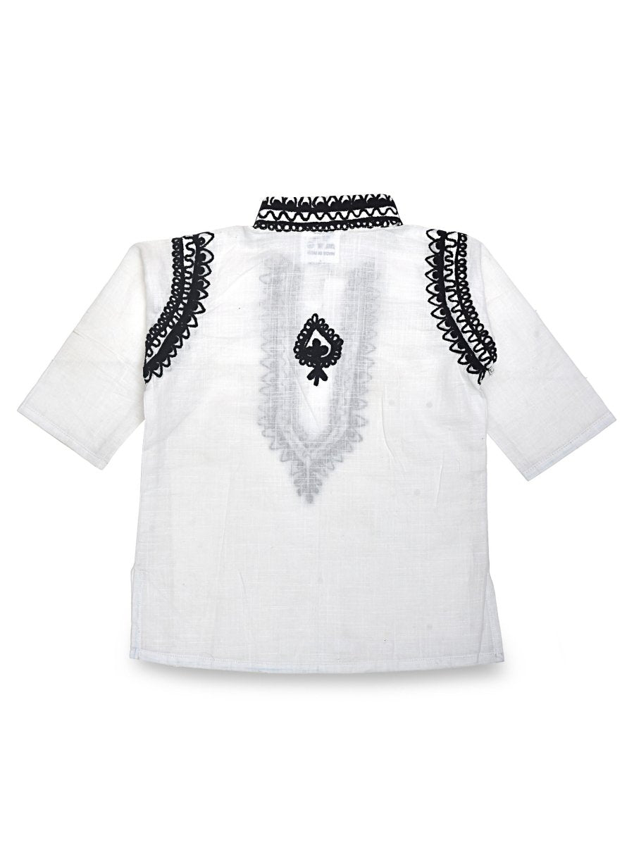 White Cotton Baby Boy Kurta Pajama Set with Black Kashmiri Ari Embroidery | Verified Sustainable by Brown Living™