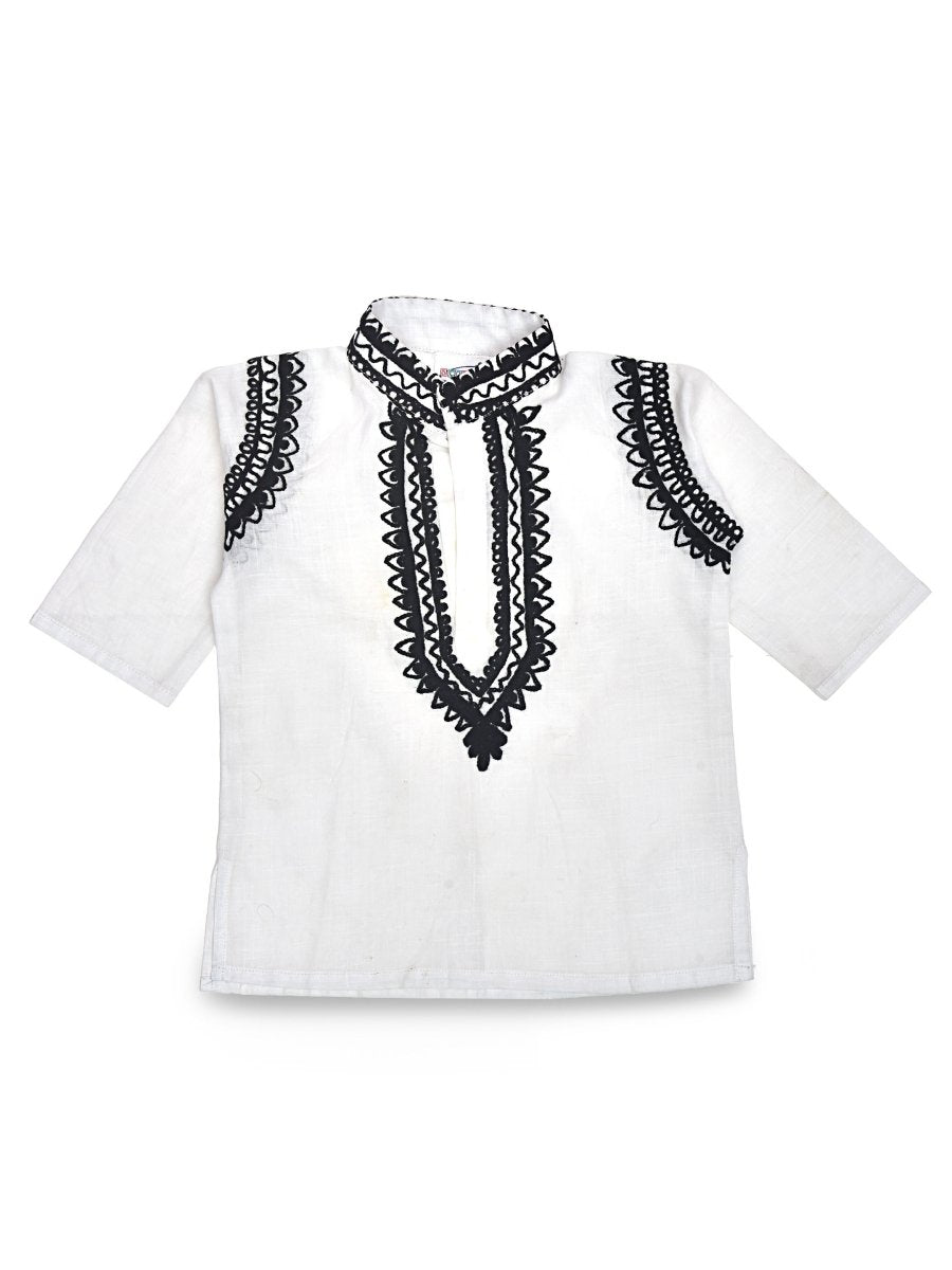 White Cotton Baby Boy Kurta Pajama Set with Black Kashmiri Ari Embroidery | Verified Sustainable by Brown Living™