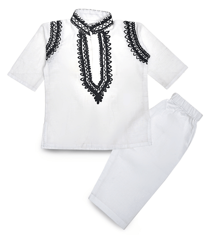 White Cotton Baby Boy Kurta Pajama Set with Black Kashmiri Ari Embroidery | Verified Sustainable by Brown Living™