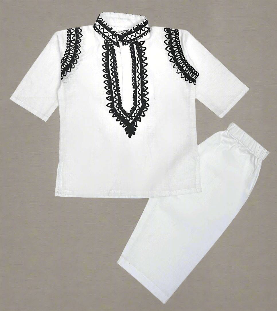 White Cotton Baby Boy Kurta Pajama Set with Black Kashmiri Ari Embroidery | Verified Sustainable by Brown Living™