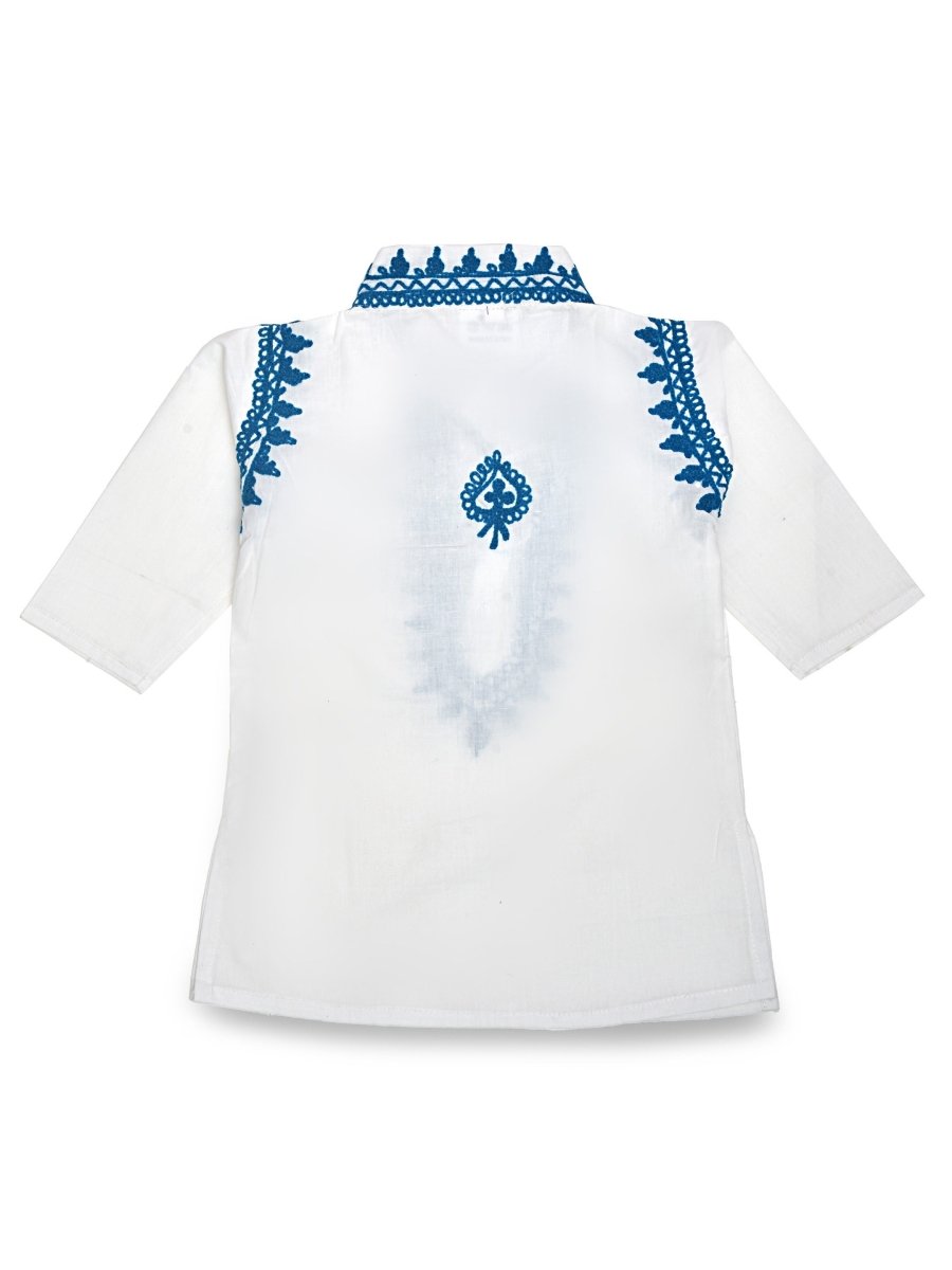 White Cotton Baby Boy Kurta Pajama Set with Turquoise Kashmiri Ari Embroidery | Verified Sustainable by Brown Living™