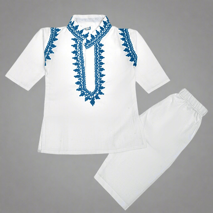 White Cotton Baby Boy Kurta Pajama Set with Turquoise Kashmiri Ari Embroidery | Verified Sustainable by Brown Living™