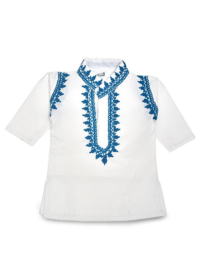 White Cotton Baby Boy Kurta Pajama Set with Turquoise Kashmiri Ari Embroidery | Verified Sustainable by Brown Living™