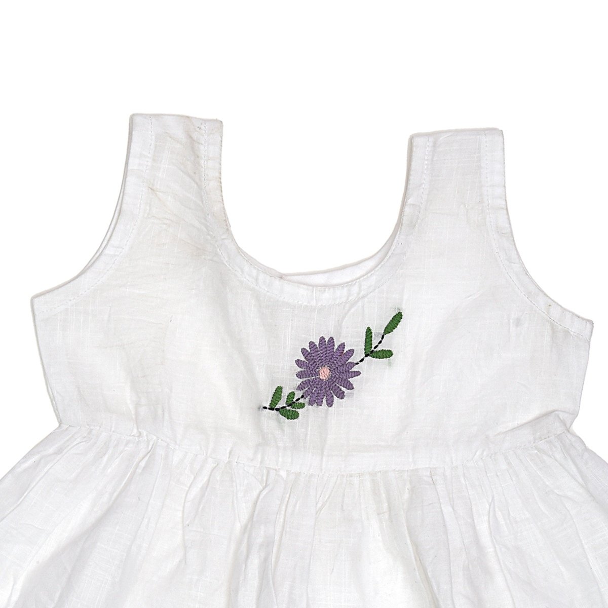 White Cotton Baby Dress with Lavendar Design Hand Embroidery | Verified Sustainable by Brown Living™