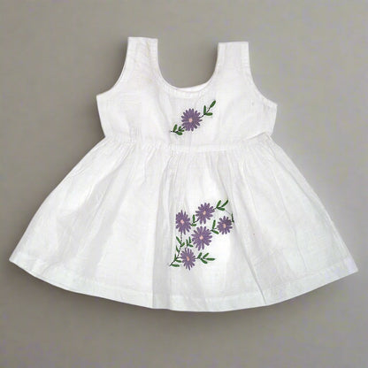 White Cotton Baby Dress with Lavendar Design Hand Embroidery | Verified Sustainable by Brown Living™