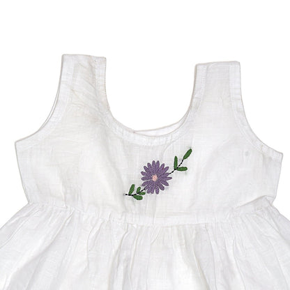 White Cotton Baby Dress with Lavendar Design Hand Embroidery | Verified Sustainable by Brown Living™