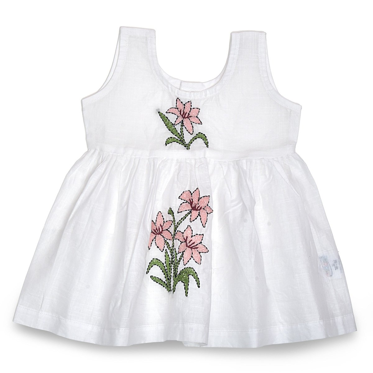 White Cotton Baby Dress with Lily Design Hand Embroidery | Verified Sustainable by Brown Living™