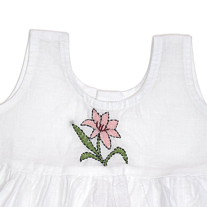 White Cotton Baby Dress with Lily Design Hand Embroidery | Verified Sustainable by Brown Living™