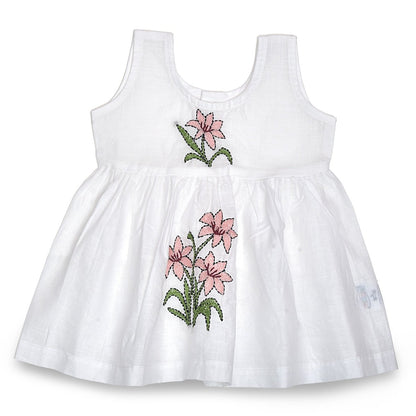 White Cotton Baby Dress with Lily Design Hand Embroidery | Verified Sustainable by Brown Living™