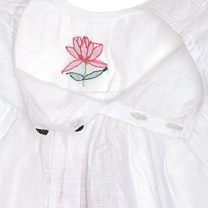 White Cotton Baby Dress with Lotus Design Hand Embroidery | Verified Sustainable by Brown Living™