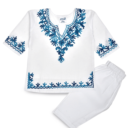 White Cotton Baby Girl Kurta Pajama Set with Blue Kashmiri Ari Embroidery
