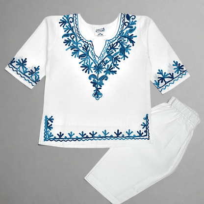 White Cotton Baby Girl Kurta Pajama Set with Blue Kashmiri Ari Embroidery