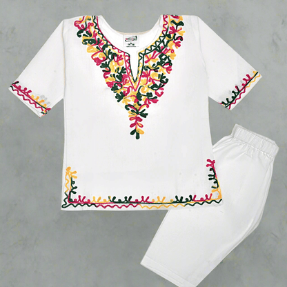 White Cotton Baby Girl Kurta Pajama Set with Multicolour Kashmiri Ari Embroidery | Verified Sustainable by Brown Living™