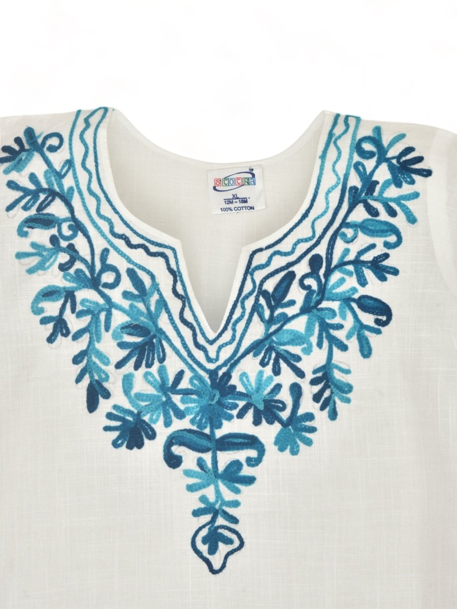 White Cotton Baby Girl Kurta  Pajama Set with Turquoise Kashmiri Ari Embroidery