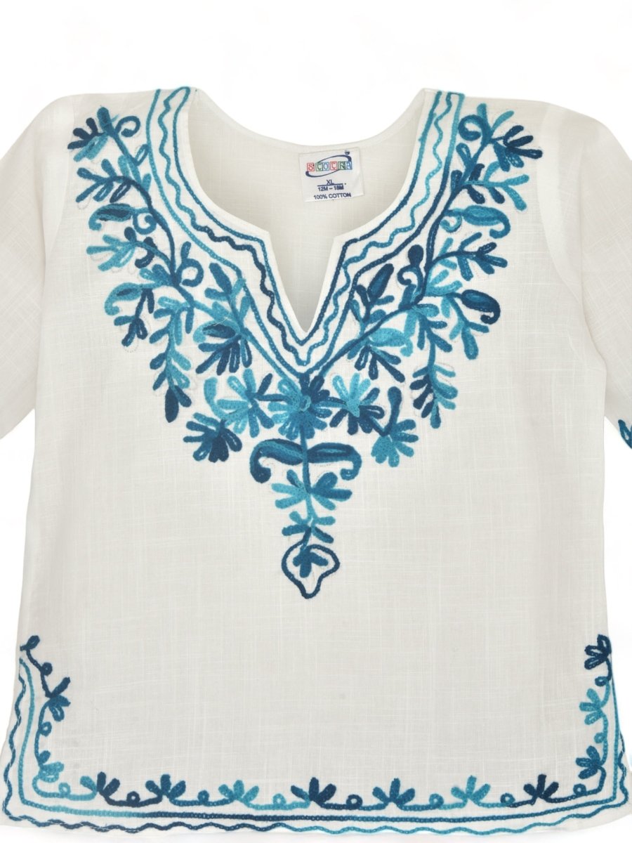 White Cotton Baby Girl Kurta  Pajama Set with Turquoise Kashmiri Ari Embroidery