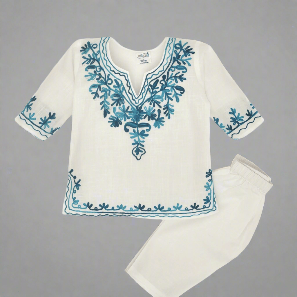White Cotton Baby Girl Kurta  Pajama Set with Turquoise Kashmiri Ari Embroidery