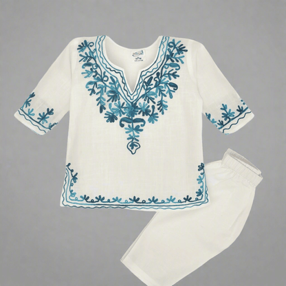 White Cotton Baby Girl Kurta  Pajama Set with Turquoise Kashmiri Ari Embroidery