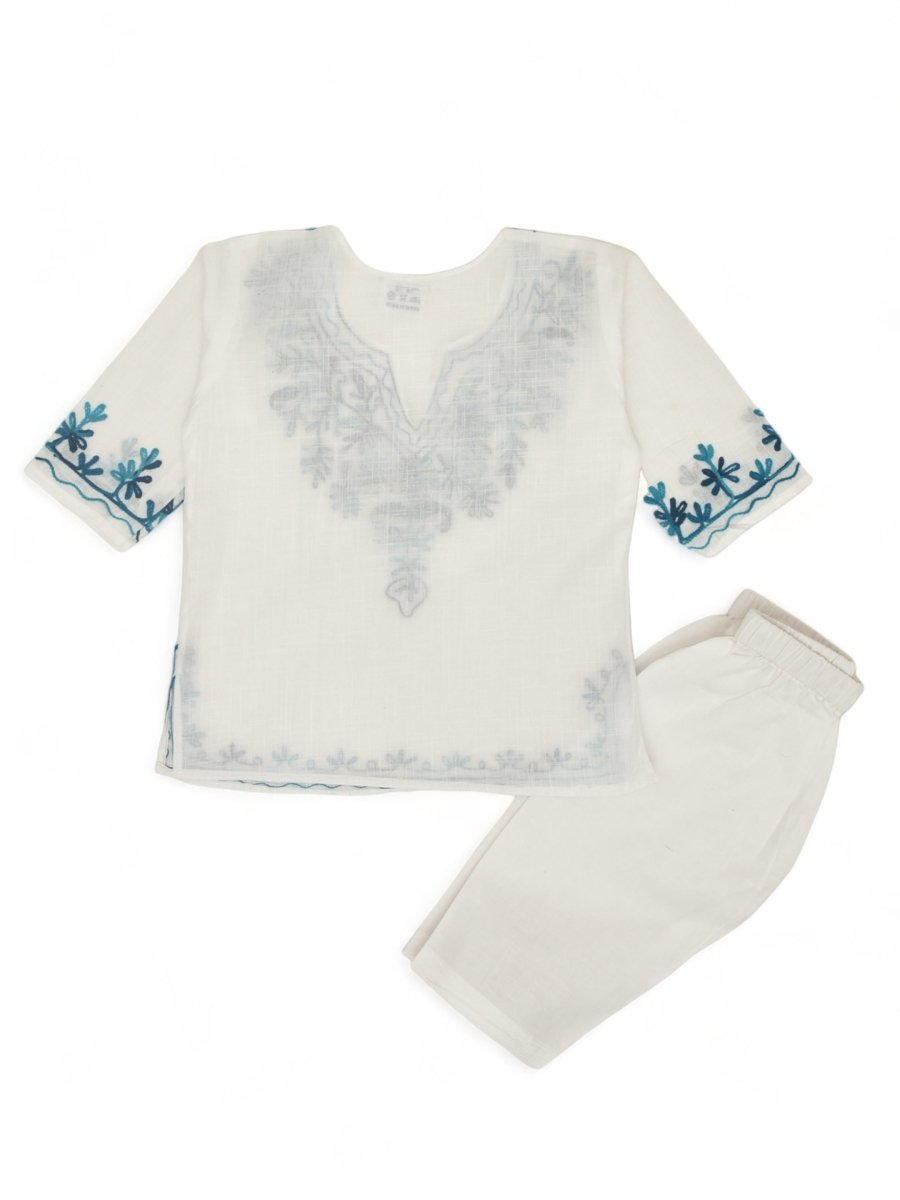 White Cotton Baby Girl Kurta Pajama Set with Turquoise Kashmiri Ari Embroidery | Verified Sustainable by Brown Living™