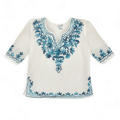White Cotton Baby Girl Kurta  Pajama Set with Turquoise Kashmiri Ari Embroidery