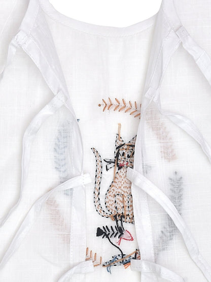 White Cotton Baby Jabla - Cat Hand Embroidery | Verified Sustainable by Brown Living™