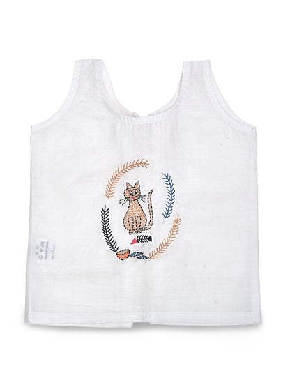 White Cotton Baby Jabla - Cat Hand Embroidery | Verified Sustainable by Brown Living™