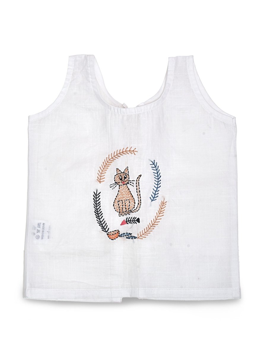 White Cotton Baby Jabla - Cat Hand Embroidery | Verified Sustainable by Brown Living™