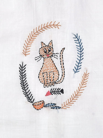 White Cotton Baby Jabla - Cat Hand Embroidery | Verified Sustainable by Brown Living™