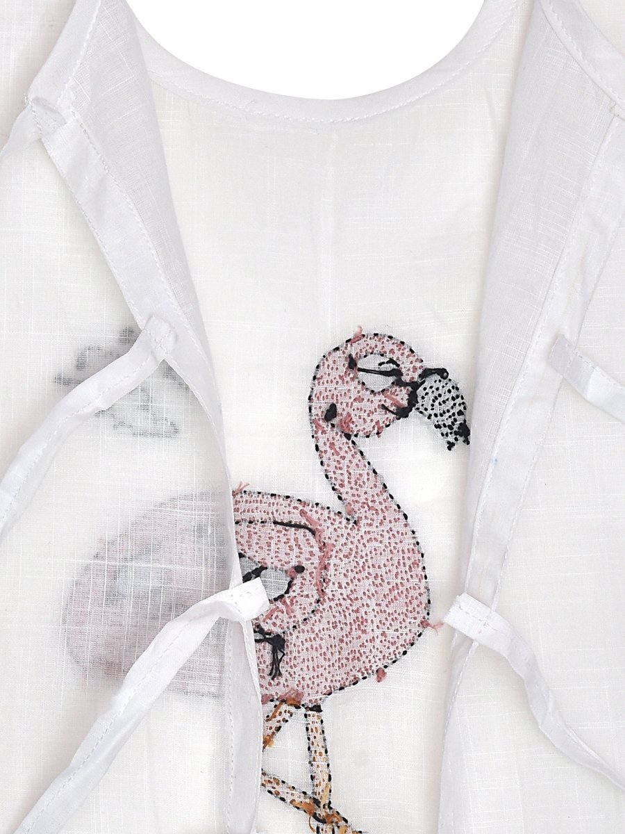 White Cotton Baby Jabla - Flamingo Hand Embroidery | Verified Sustainable by Brown Living™