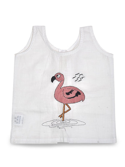 White Cotton Baby Jabla - Flamingo Hand Embroidery | Verified Sustainable by Brown Living™