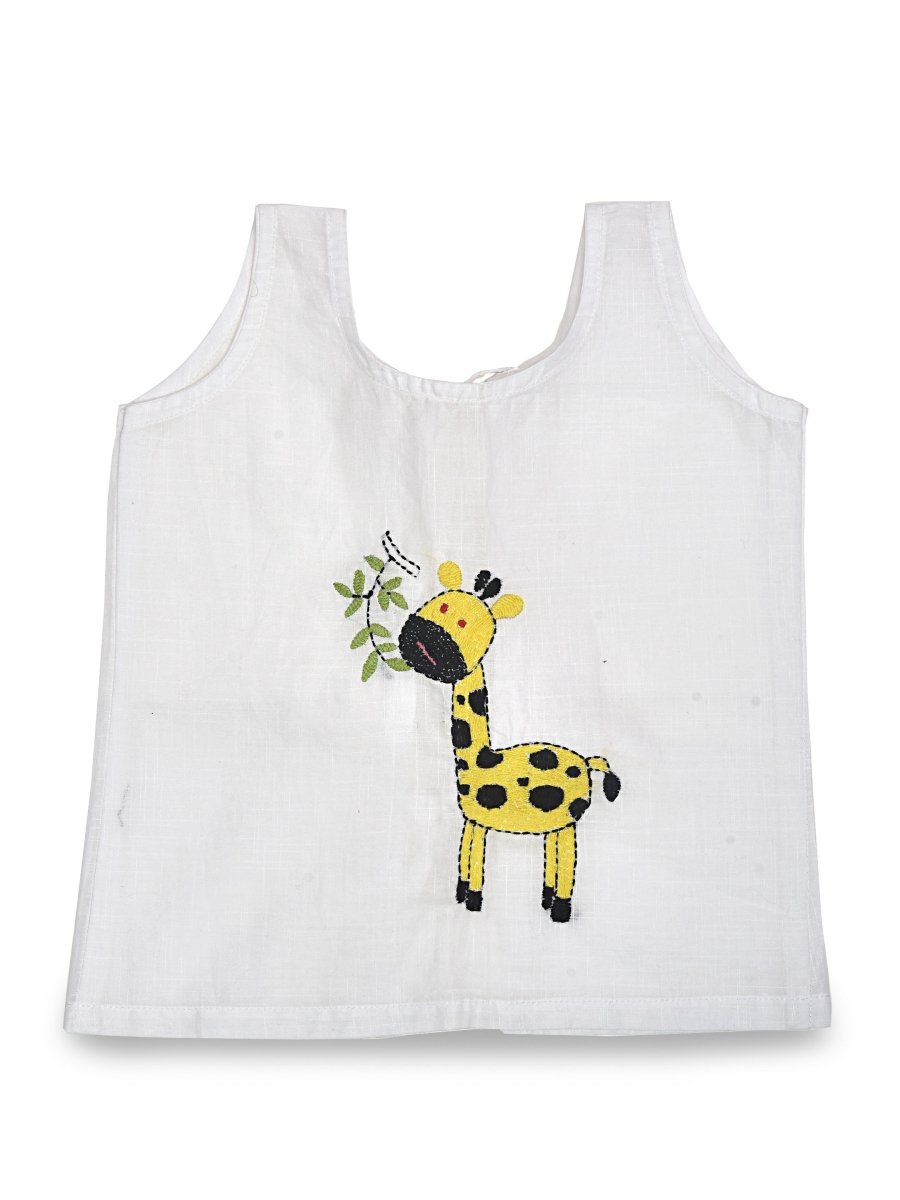 White Cotton Baby Jabla - Giraffe Hand Embroidery | Verified Sustainable by Brown Living™