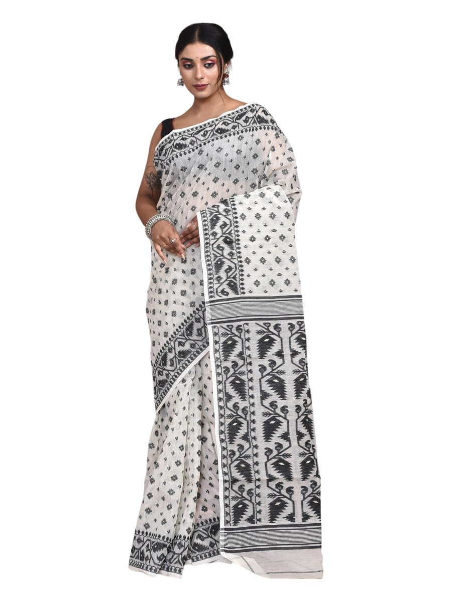 White Cotton Dhakai Jamdani Saree | Verified Sustainable by Brown Living™