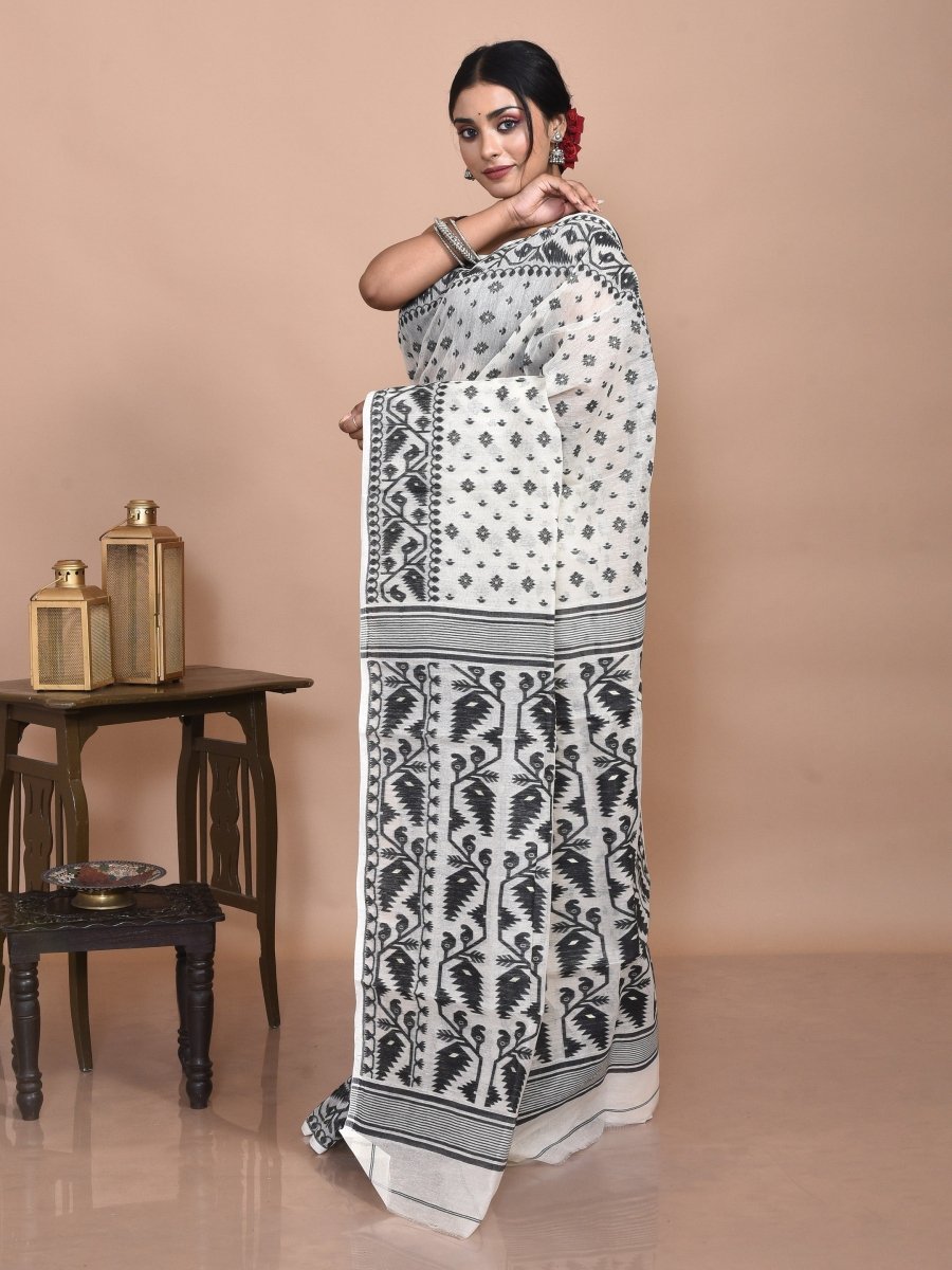 White Cotton Dhakai Jamdani Saree | Verified Sustainable by Brown Living™