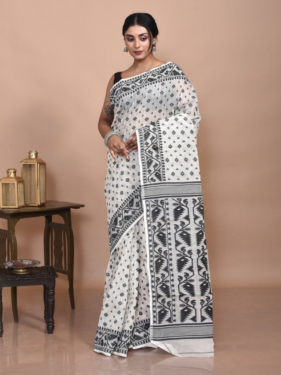 White Cotton Dhakai Jamdani Saree | Verified Sustainable by Brown Living™