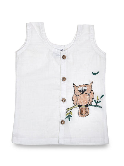 White Cotton Front Open Jabla - Owl Design Hand Embroidery | Verified Sustainable by Brown Living™