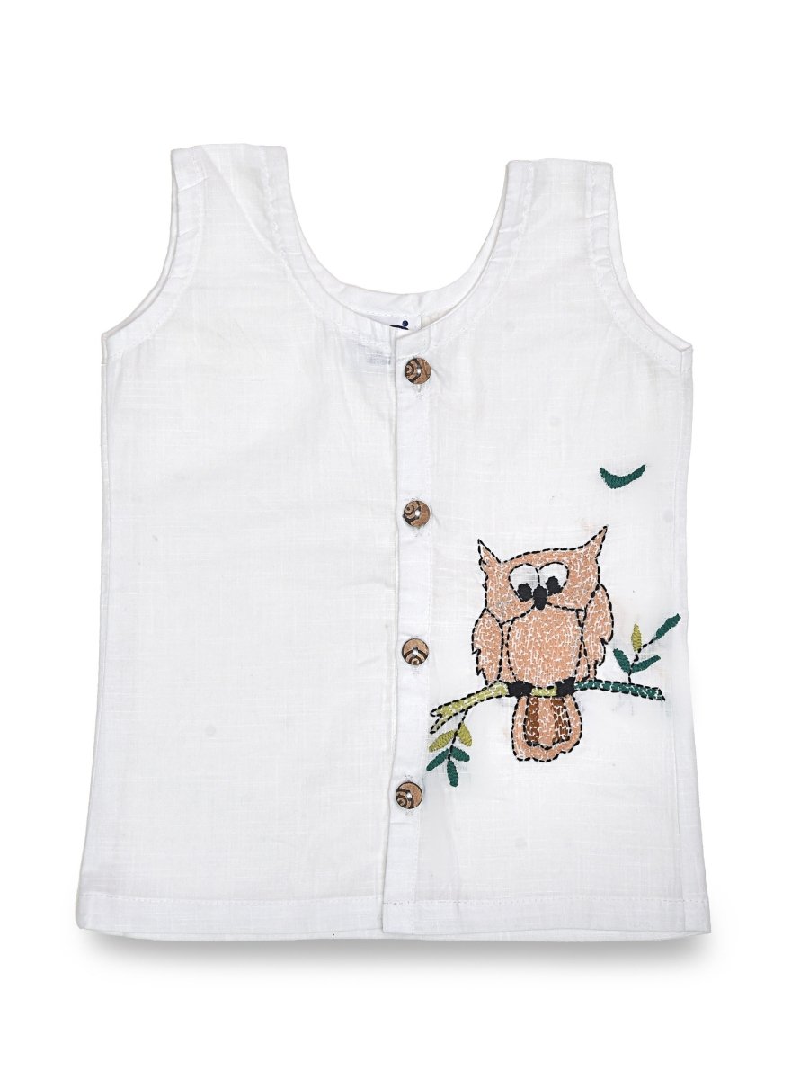 White Cotton Front Open Jabla - Owl Design Hand Embroidery | Verified Sustainable by Brown Living™