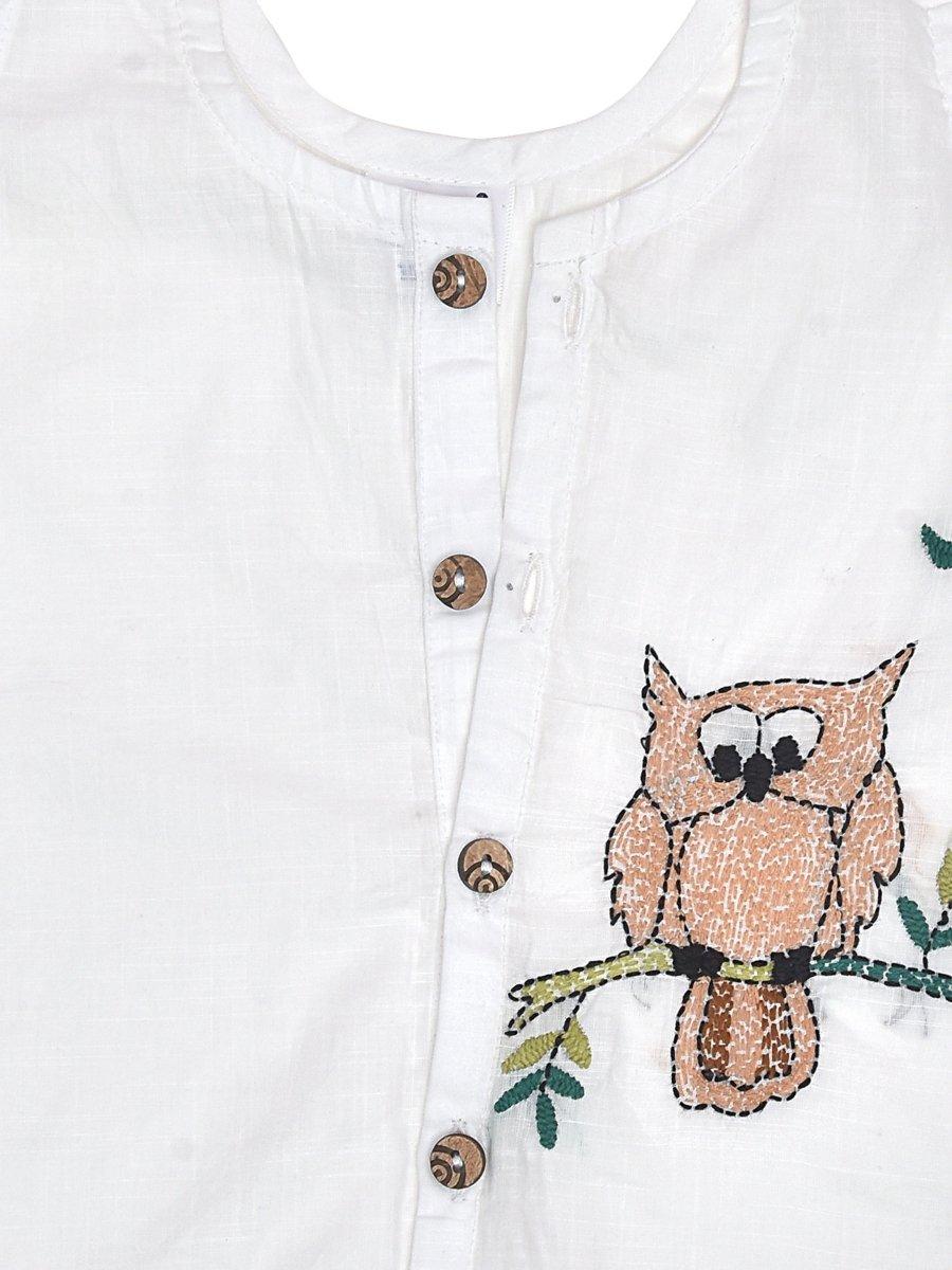 White Cotton Front Open Jabla - Owl Design Hand Embroidery | Verified Sustainable by Brown Living™