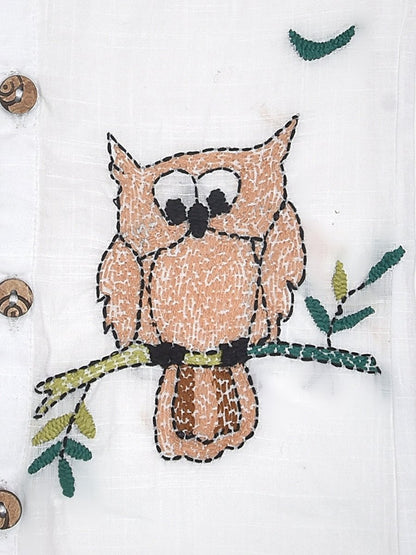 White Cotton Front Open Jabla - Owl Design Hand Embroidery | Verified Sustainable by Brown Living™