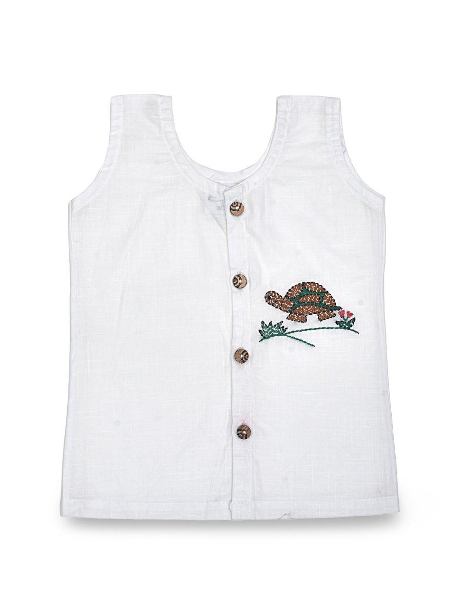 White Cotton Front Open Jabla - Tortoise Design Hand Embroidery | Verified Sustainable by Brown Living™