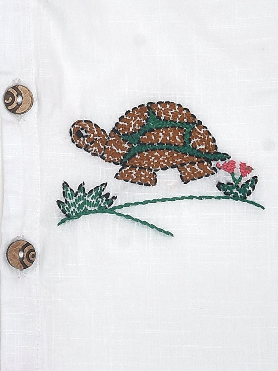 White Cotton Front Open Jabla - Tortoise Design Hand Embroidery | Verified Sustainable by Brown Living™