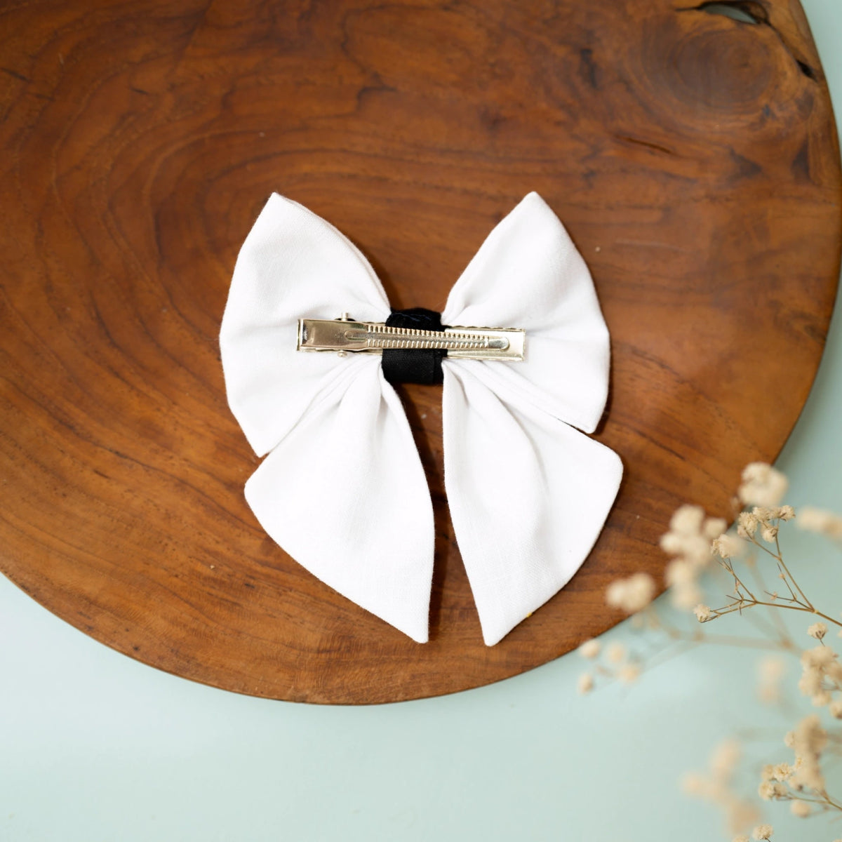 White Cotton Linen Hair Bow Clip for Girls | Verified Sustainable by Brown Living™