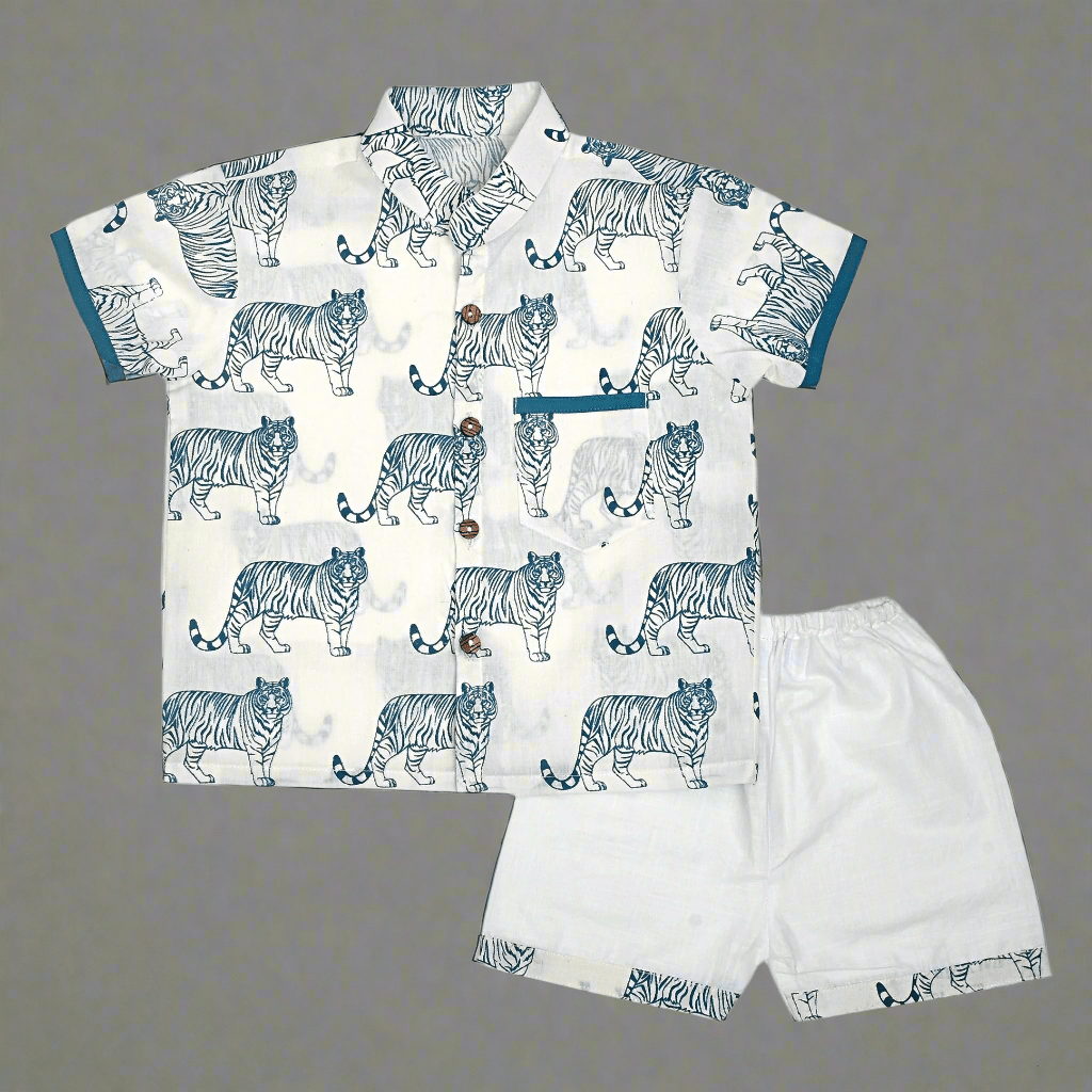 White Cotton Tiger Design Hand Block Baby Shirt Pant Set | Verified Sustainable by Brown Living™