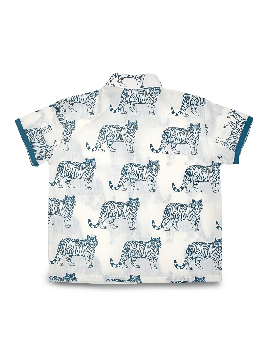 White Cotton Tiger Design Hand Block Baby Shirt Pant Set | Verified Sustainable by Brown Living™