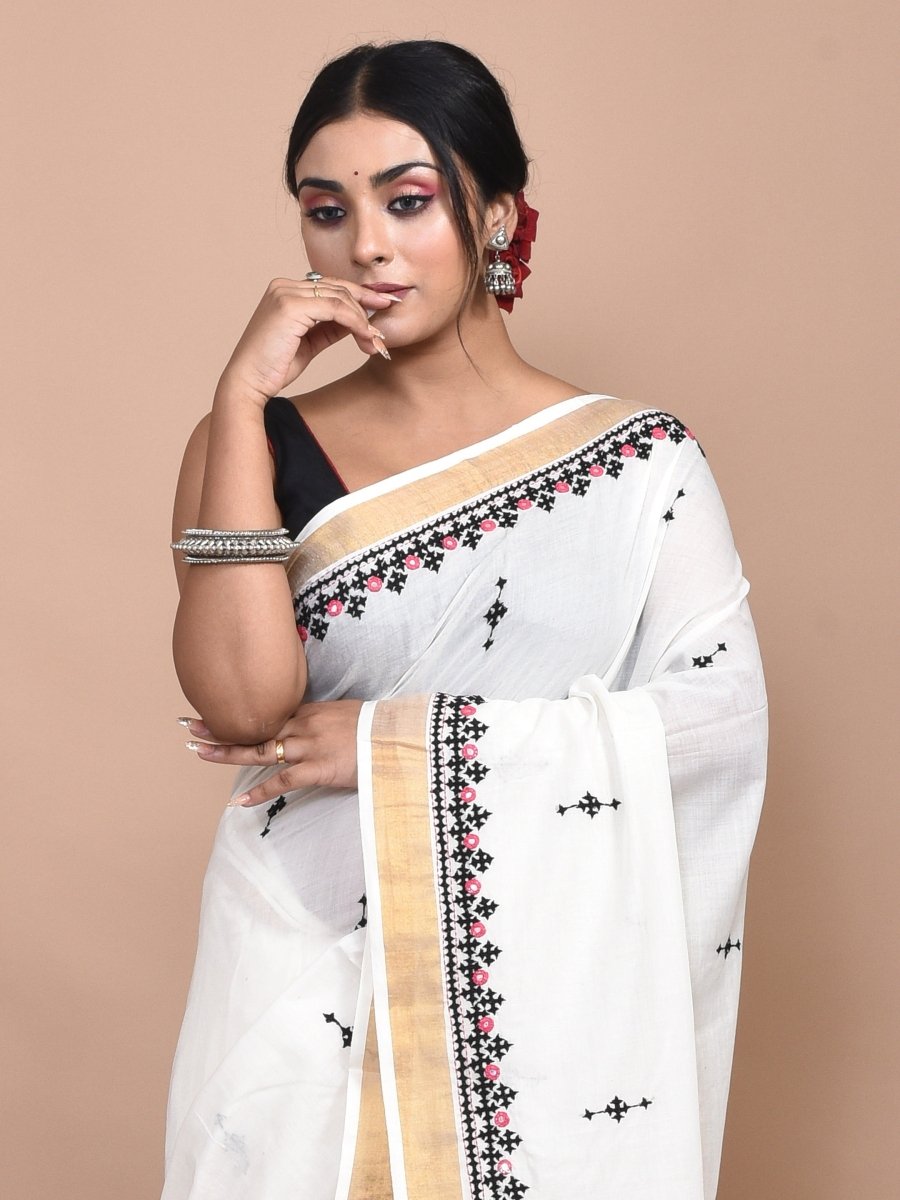 White Kerala Cotton Saree with Gujrati Hand Embroidery and Zari Border | Verified Sustainable by Brown Living™