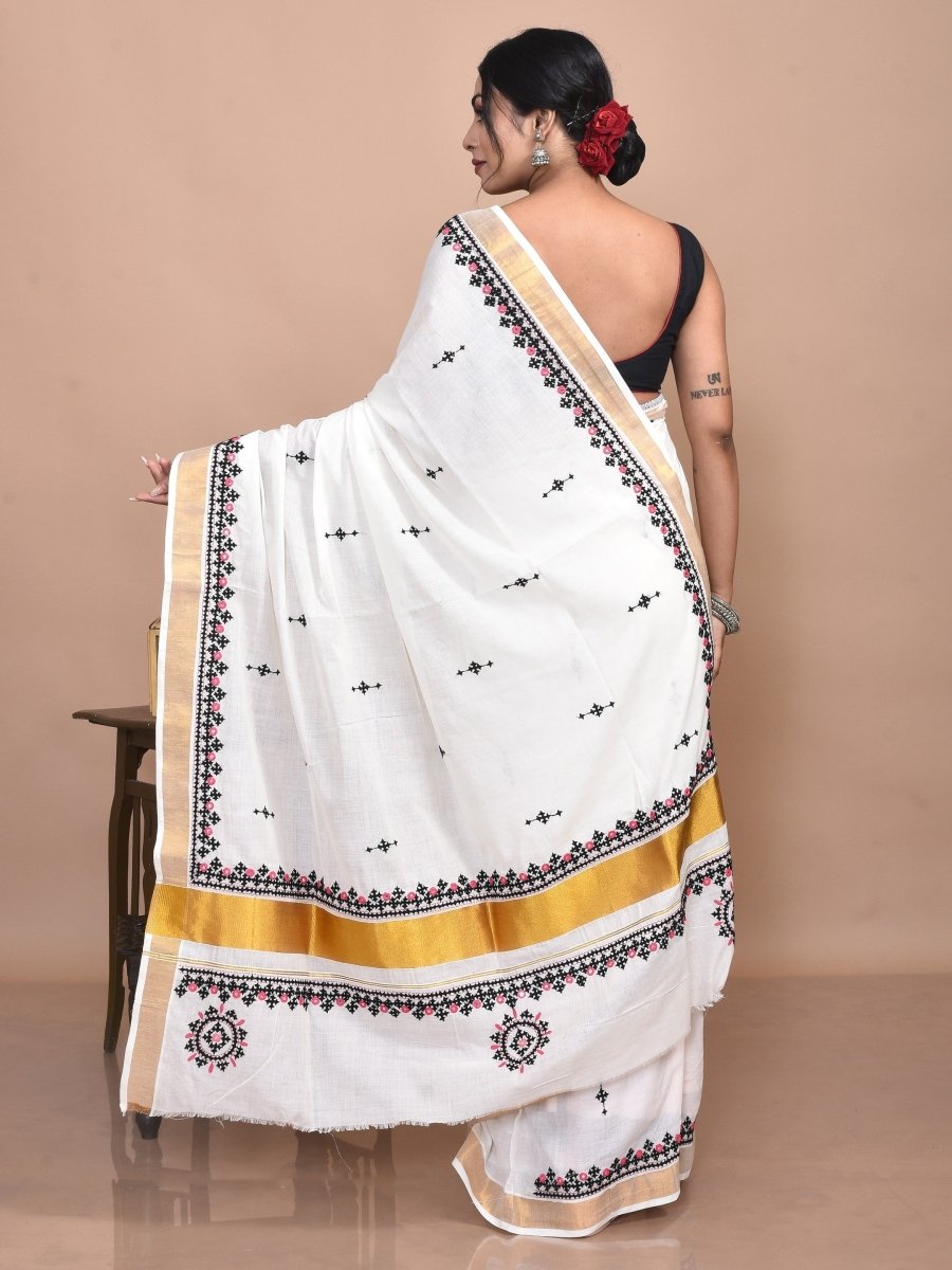 White Kerala Cotton Saree with Gujrati Hand Embroidery and Zari Border | Verified Sustainable by Brown Living™