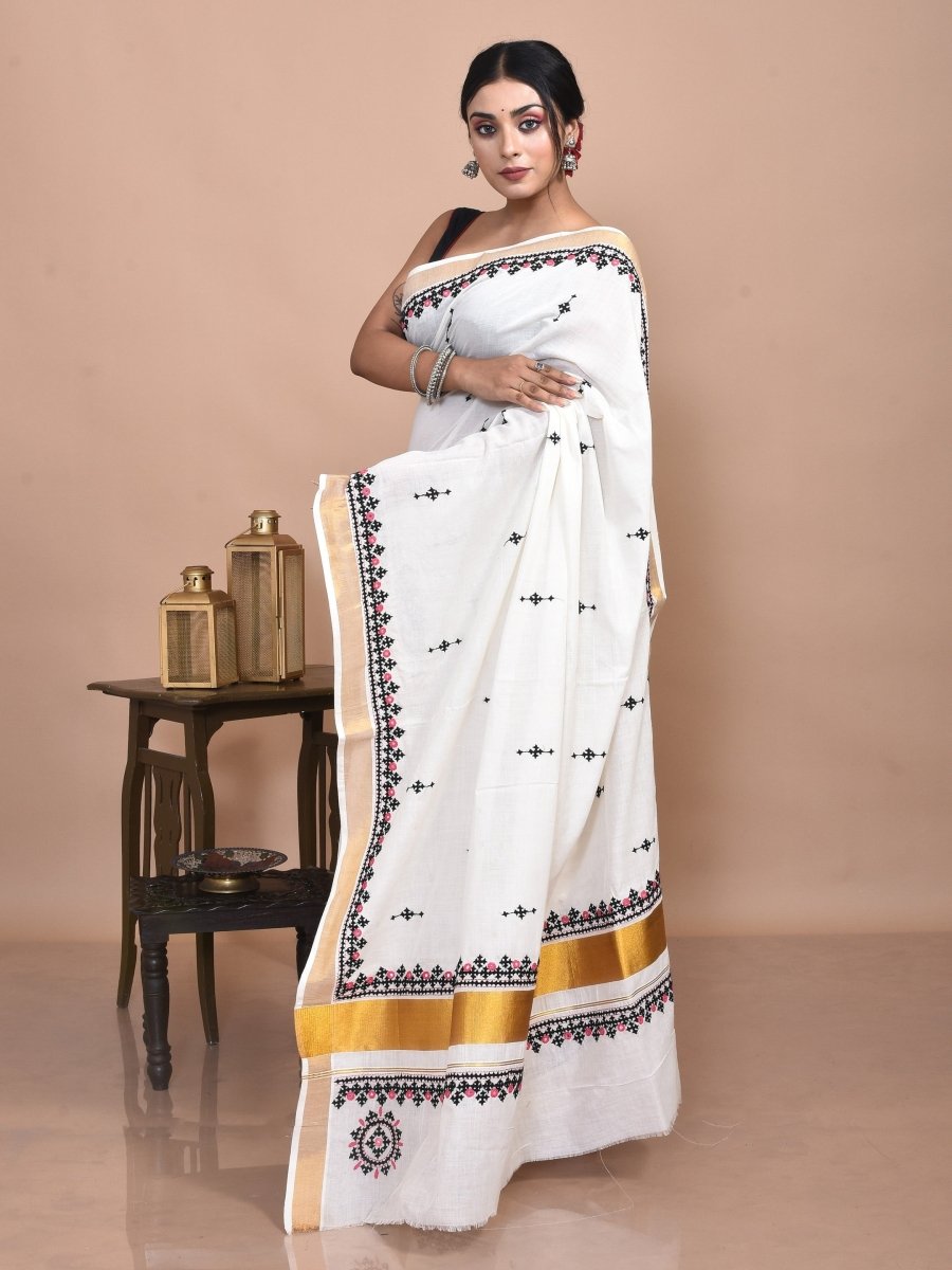 White Kerala Cotton Saree with Gujrati Hand Embroidery and Zari Border | Verified Sustainable by Brown Living™